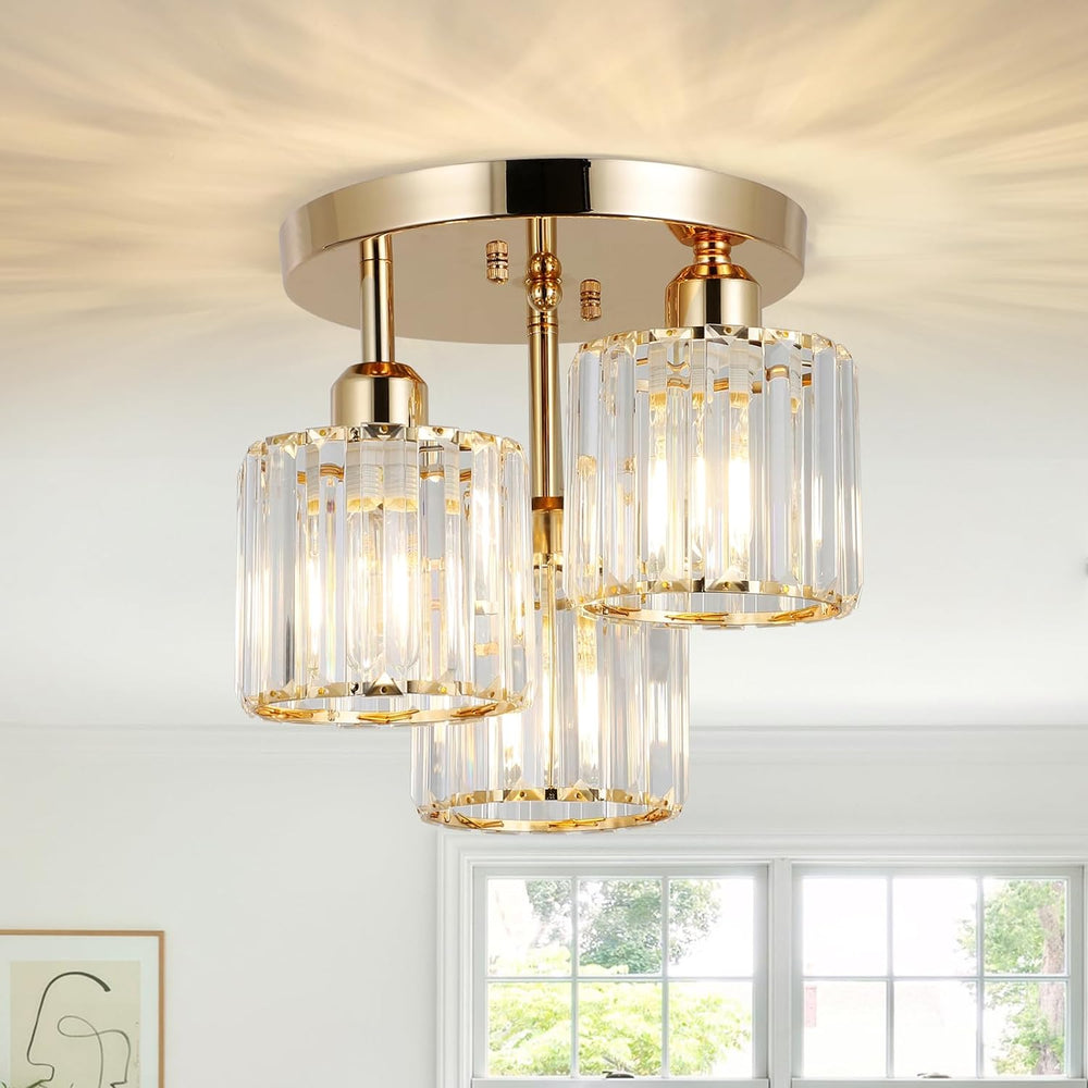 English Elm Modern Semi Flush Mount Crystal Ceiling Light - 3-Light Golden Fixture with Clear Prismatic Shades for Bedroom Hallway Kitchen Bath W2738P185420