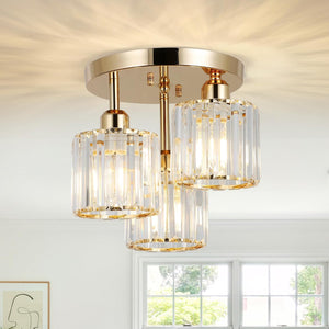 English Elm Modern Semi Flush Mount Crystal Ceiling Light - 3-Light Golden Fixture with Clear Prismatic Shades for Bedroom Hallway Kitchen Bath W2738P185420