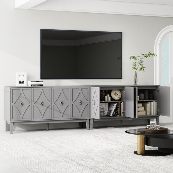 English Elm 4 Door Sideboard Buffet with Hand Carved Geometric Panels Black Oak Finish Raised Legs W688P359831