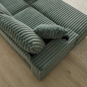 English Elm 84Inch Corduroy sofa with 3 back & 2 toss pillows, 2 ottomans, cup holders, deep seat, storage space W834S00550