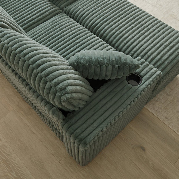 English Elm 84Inch Corduroy sofa with 3 back & 2 toss pillows, 2 ottomans, cup holders, deep seat, storage space W834S00550