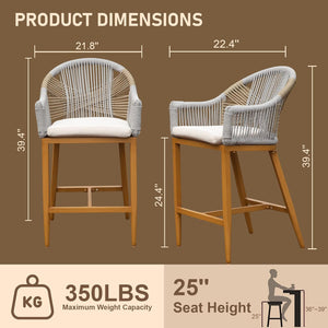 English Elm Bar Stools Set Of 2 – Stylish Outdoor Counter Height Chairs With Cushions, Boho Aluminum Design W1859P197313
