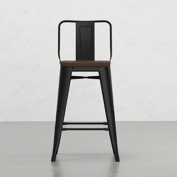 English Elm Keeley 24in Metal and Solid Elm Wood Counter Stools Set of 4 — Curved Backs, Footrests, Durable Finish Black B2732P253606