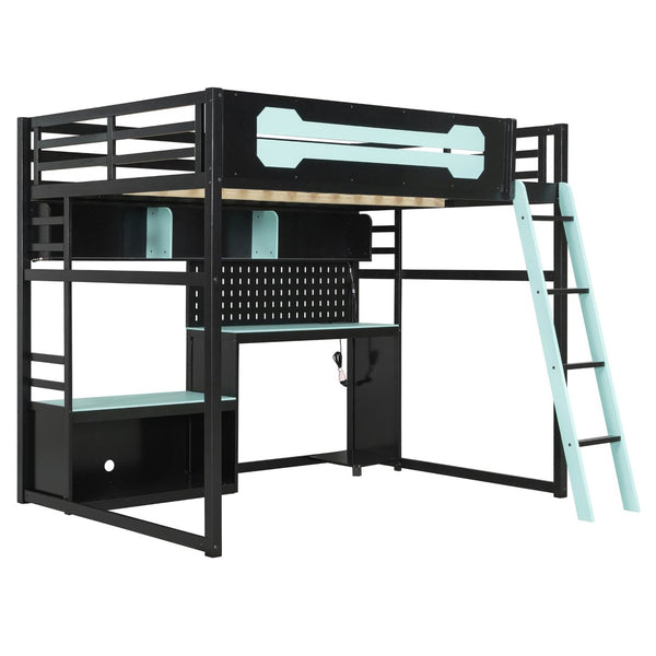 English Elm Full Size Gaming Loft Bed with Built-in Desk Led Lighting Usb Ports and Pegboard Black+Blue LT000270AAC