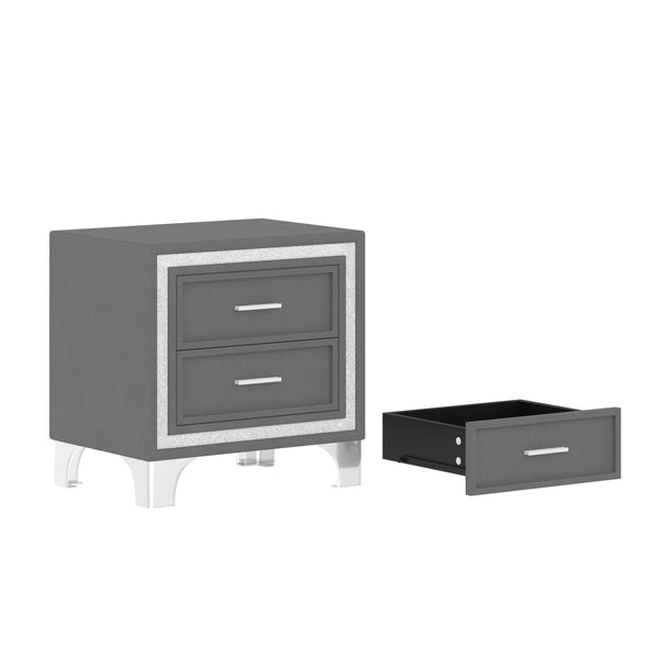 English Elm Mid Century Nightstand Velvet 2-Drawer Bedside Table with Metal Legs, Retro Space-Saving Storage and Durable Finish Gray 23.5 L x 19 W x 17 H N733P183659E