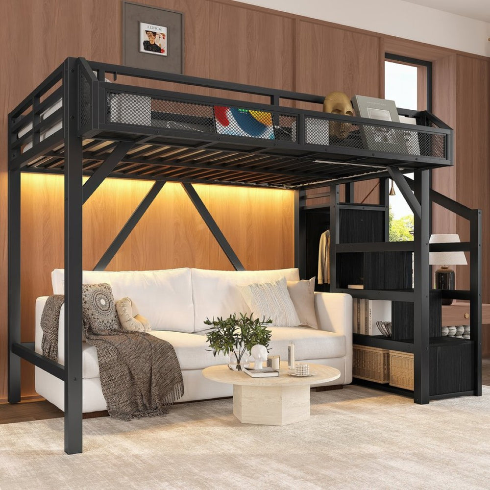 English Elm Full Xl Over Twin Triple Metal Bunk Bed with Storage Stairs and Shelves Black Black+Natural W1580S00407