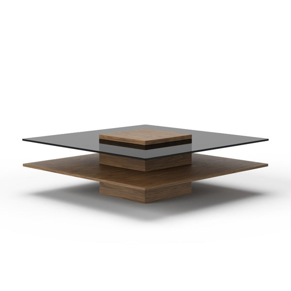 VIG Furniture Clarion Modern Walnut & Grey Glass Coffee Table - 39" Square Tempered Top, Pedestal Base, 55 Lb Capacity VGBB-LE638E-WALGRY