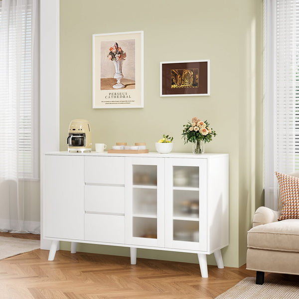 English Elm Farmhouse Buffet Cabinet with Pop-Up Doors and 3 Drawers — Rustic 55.5" Sideboard for Dining Room White T3623P408444