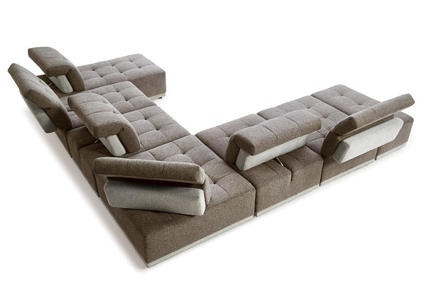VIG Furniture Ekron Modular 7-Piece Fabric Sofa Set With Ottoman, Channel-Tufted Cushions & Adjustable Headrests Brown Sectional Sofa VGMB-MB-1881-BRN