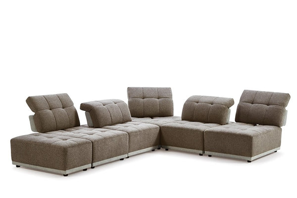 VIG Furniture Ekron Modular 7-Piece Fabric Sofa Set With Ottoman, Channel-Tufted Cushions & Adjustable Headrests Brown Sectional Sofa VGMB-MB-1881-BRN
