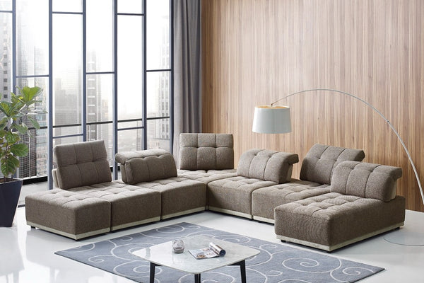 VIG Furniture Ekron Modular 7-Piece Fabric Sofa Set With Ottoman, Channel-Tufted Cushions & Adjustable Headrests Brown Sectional Sofa VGMB-MB-1881-BRN