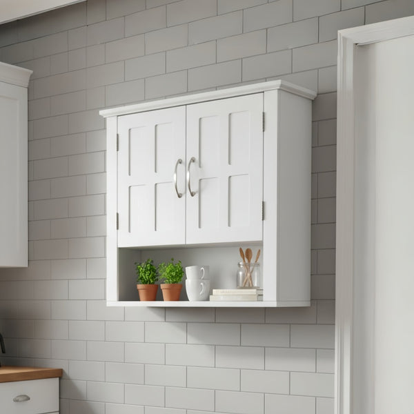 English Elm Bathroom Wall Mounted Cabinet Raised Panel Doors Adjustable Shelves Farmhouse Storage White N817P375225W