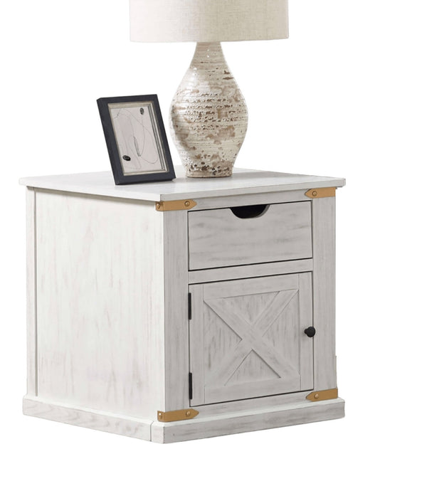 English Elm Rustic Glam Barnwood Coffee Table with Dual-Sided Center Drawer, Open Shelves & Metal Trim Accents Antique White,Gold 25 L x 29 W x 27 H B2741P320885