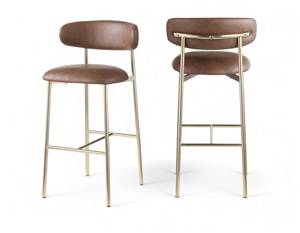 Meridian Furniture Lupita Vegan Leather Barstools with Curved Back and Metal Frame for Kitchen Island Seating Brown Style A 833Brown-C