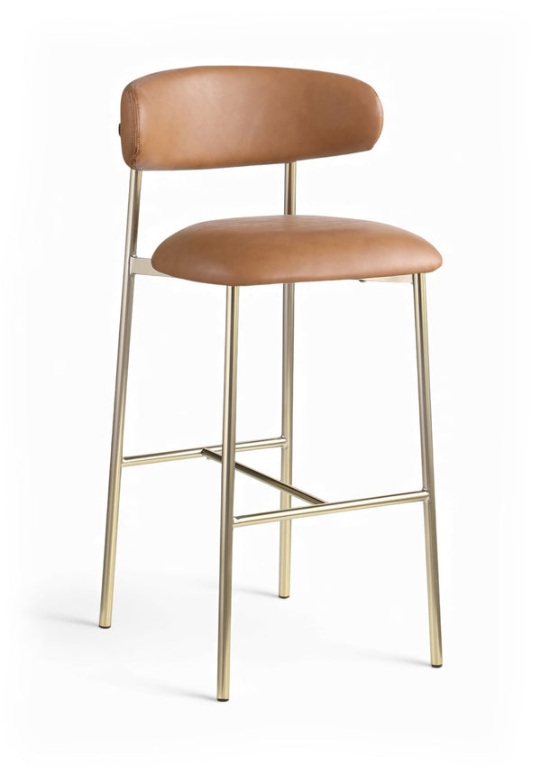 Meridian Furniture Lupita Vegan Leather Barstools with Curved Back and Metal Frame for Kitchen Island Seating Cognac Style A 833Cognac-C