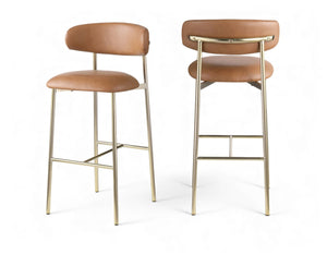 Meridian Furniture Lupita Vegan Leather Barstools with Curved Back and Metal Frame for Kitchen Island Seating Cognac Style A 833Cognac-C