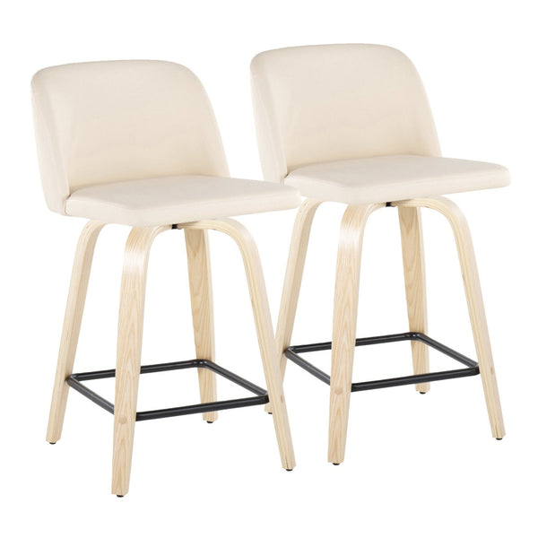 English Elm Toriano 24" Swivel Counter Stools In Cream Faux Leather & Natural Wood - Set Of 2 For Modern Spaces B202S00139-GIGA
