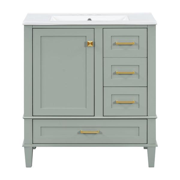 English Elm 30" Modern Bathroom Vanity with Solid Wood Frame, 3 Soft-Close Drawers and Ceramic Sink, Sleek Design Sage Green N729P170557G