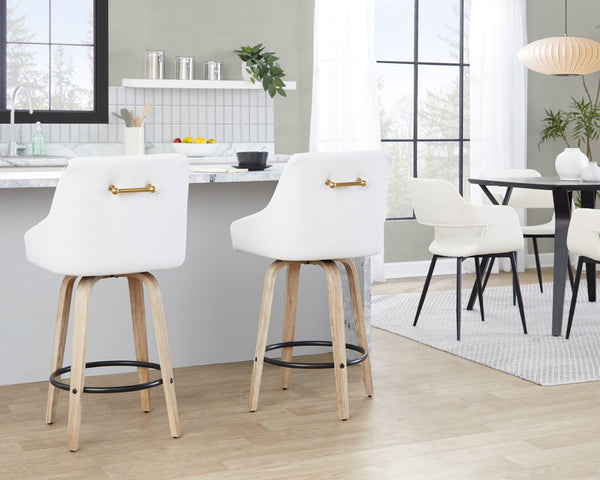 English Elm 26" Swivel Counter Stools Set of 2 Faux Leather Gold Accents Whitewashed Wood B202S01836