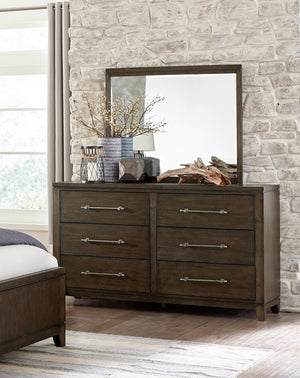 English Elm Contemporary Ash Veneer Six Drawer Dresser Dark Brown Finish with Pewter Bar Pulls B011P208531