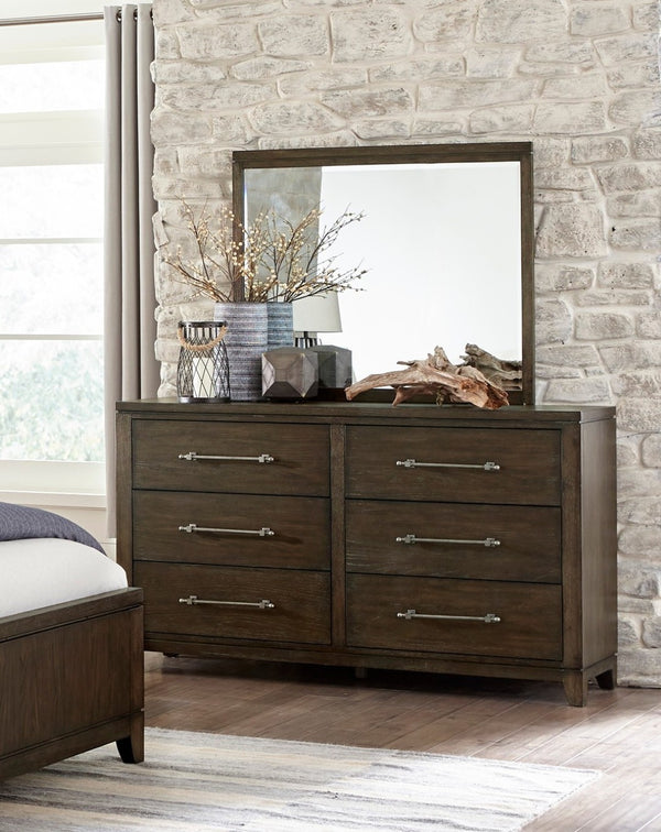 English Elm Contemporary Ash Veneer Six Drawer Dresser Dark Brown Finish with Pewter Bar Pulls B011P208531