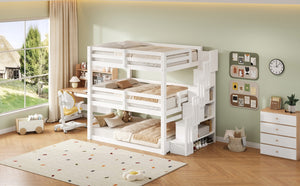 English Elm Full Size Triple Bunk Bed Solid Pine Frame with Storage Staircase Separate Convertible Design White N7090000477K