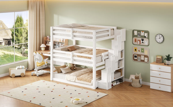 English Elm Full Size Triple Bunk Bed Solid Pine Frame with Storage Staircase Separate Convertible Design White N7090000477K