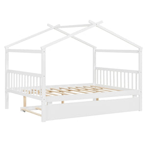 English Elm Full Size House Bed Solid Pinewood Frame with Pull Out Twin Trundle for Kids White LP000305AAK-1