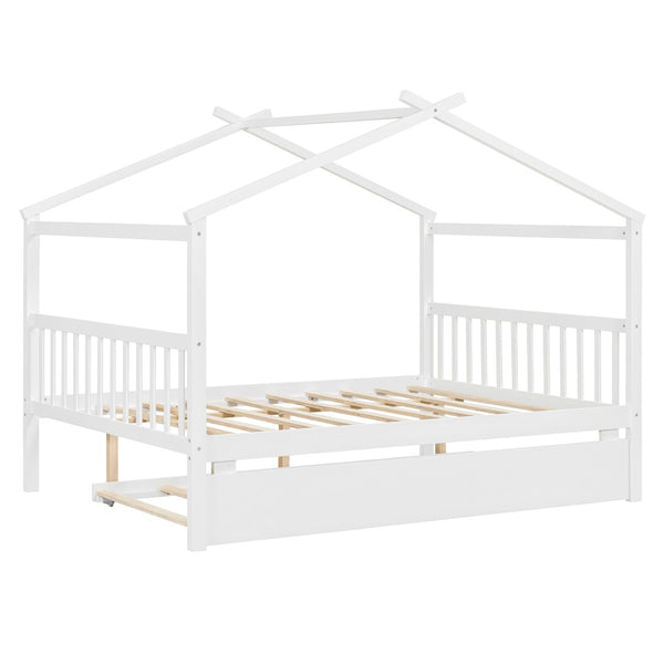 English Elm Full Size House Bed Solid Pinewood Frame with Pull Out Twin Trundle for Kids White LP000305AAK-1