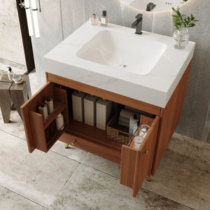 English Elm Mid-century Freestanding Bathroom Vanity with Marble Stone Top Gold Legs Storage W3136S00066