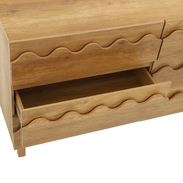 English Elm 60" Wave Front Six Drawer Dresser Sculptural Engineered Wood Media Console for Bedroom Oak N739S0000011N