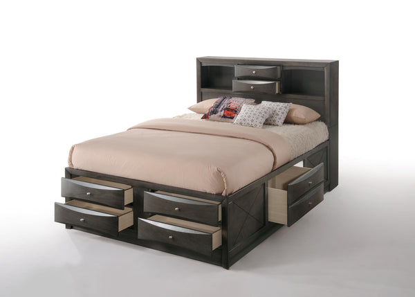 English Elm Ireland Gray Oak Storage Bed With Bookcase Headboard, 8 Drawers & Modern Platform Design For Small Spaces B2726S00355