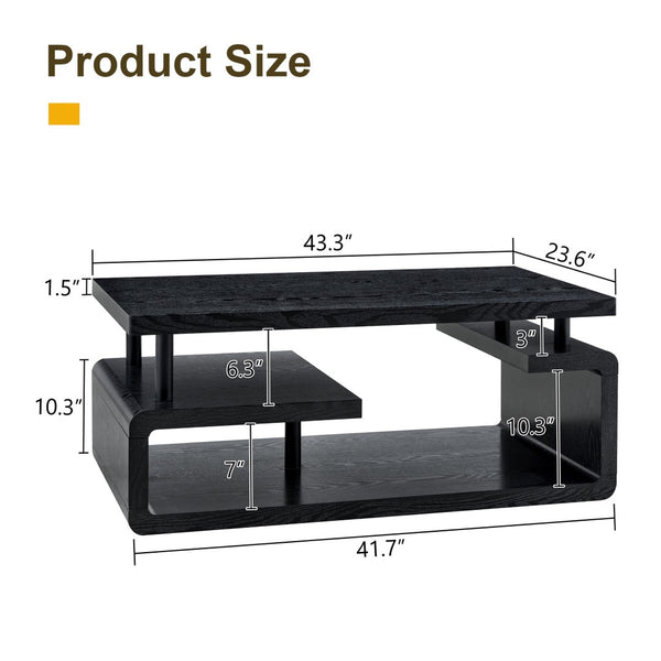 English Elm A Modern Two-tier Mdf Coffee Table with Open Shelf for Living Room Storage Black Woodgrain W3875P396801