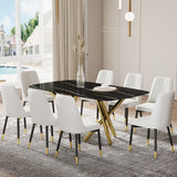 Hearth and Haven Large Modern Minimalist Rectangular Dining Table with 0.39 "Imitation Marble Black Tabletop and Golden Metal Legs, Paired with Chairs with Leatherette Cushions and Black Metal Legs. F-1538 C-007 W1151S00884 W1151S00884