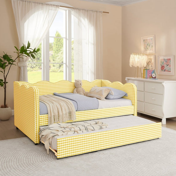 English Elm Cozy Gingham Linen Daybed with Pull Out Trundle Usb Port Wave Back Twin Sofa Yellow W1413S00121