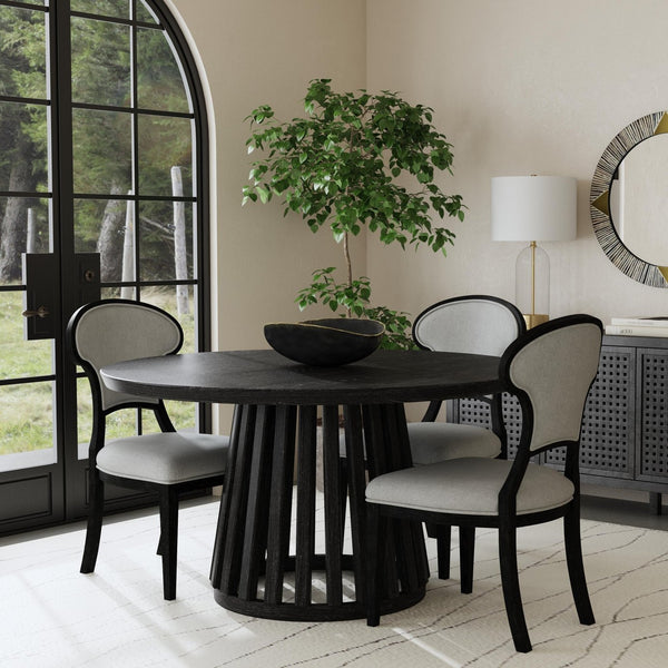 Basset Mirror Mateo Round Dining Table - Contemporary Glass Top With Tapered Base, Seats 4, Adjustable Levelers Black Wood 8340-700b-t