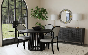 Basset Mirror Mateo Round Dining Table - Contemporary Glass Top With Tapered Base, Seats 4, Adjustable Levelers Black Wood 8340-700b-t