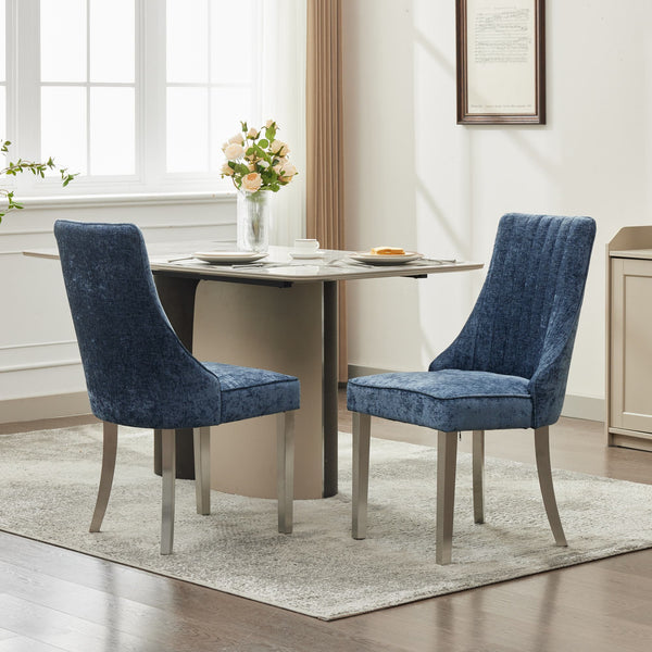 English Elm Rayon High Back Dining Chair Set with Plush Flocking Upholstery, Golden Stainless Legs, Comfort-Focused Design Blue W1143P293317
