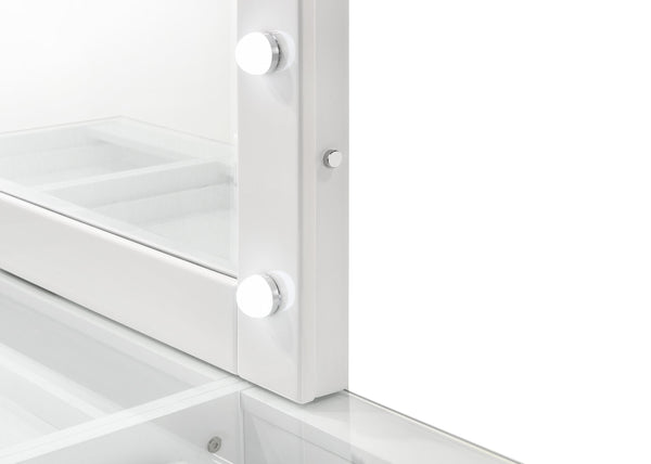 English Elm 2pc Vanity Set with LED Lighted Mirror Glass Top, 5 Drawers with Crystal Knobs and Stool White 59.96 L x 25.87 W x 2 H B2741S00145