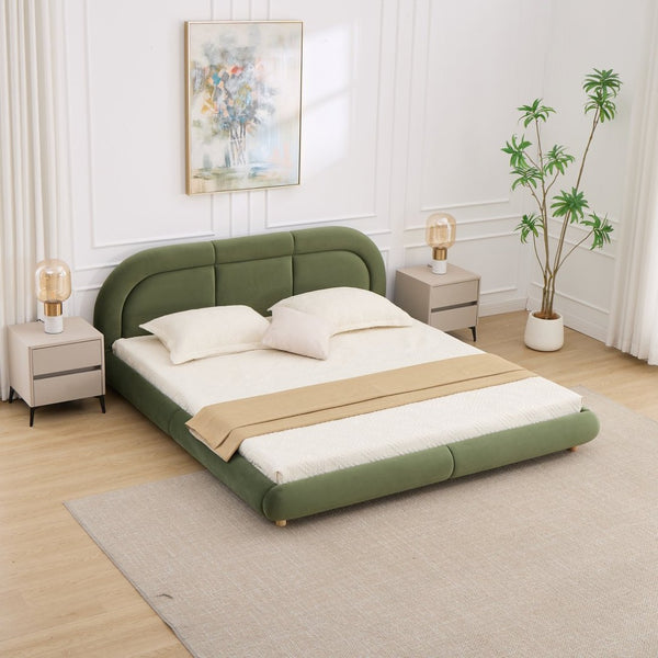 English Elm King Curved Velvet Upholstered Low Profile Platform Bed Sculpted Headboard Modern Green W5632P452163