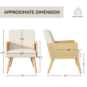 English Elm Accent Chair Mid-Century Rattan Arms Set of 2 with Rubber Wood Legs, Plush Fabric Seat, Cozy Lounge Beige T3950P394498
