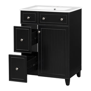 English Elm 24-Inch Bathroom Vanity Cabinet with Ceramic Sink, Space-Saving Storage, Solid Wood Feet, Durable Finish Black WF532034AAB