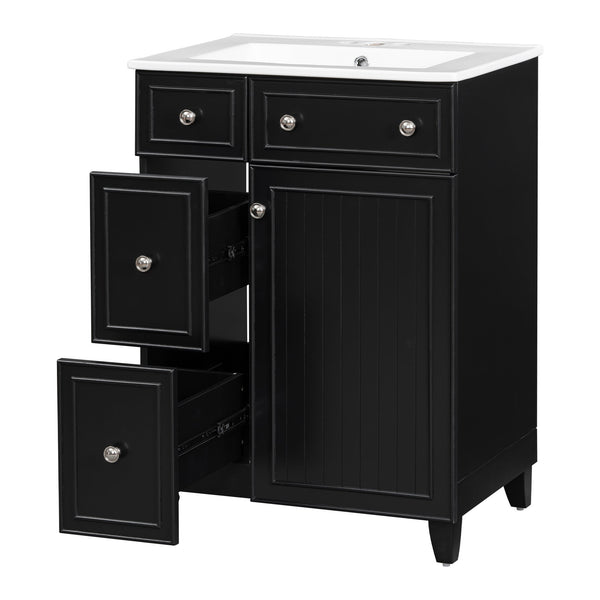 English Elm 24-Inch Bathroom Vanity Cabinet with Ceramic Sink, Space-Saving Storage, Solid Wood Feet, Durable Finish Black WF532034AAB