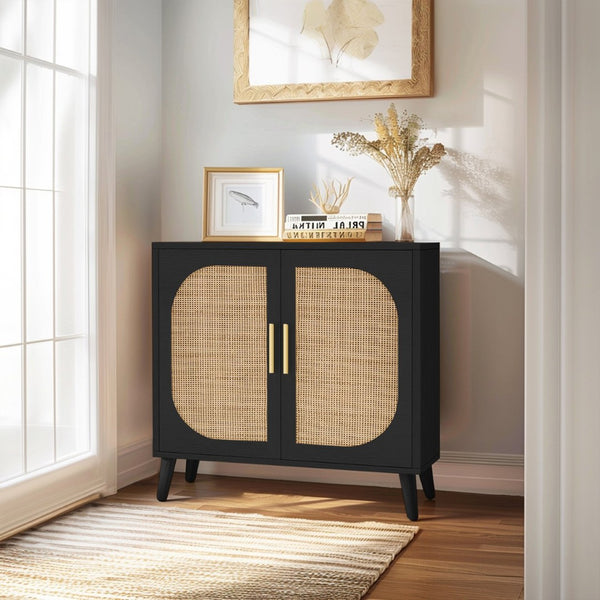 English Elm Buffet Cabinet Rattan Door Panels Solid Wood Feet Farmhouse Style Entryway Storage Black W2386P207791