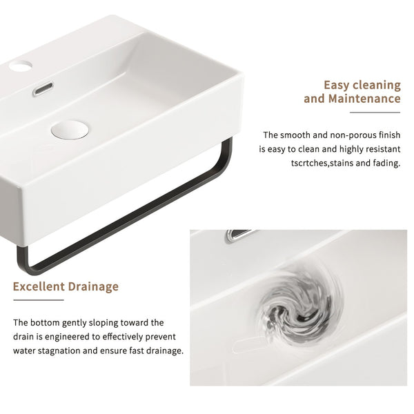 English Elm White Ceramic Wall Mount Bathroom Sink with Integrated Towel Bar for Modern Baths W3402P362446