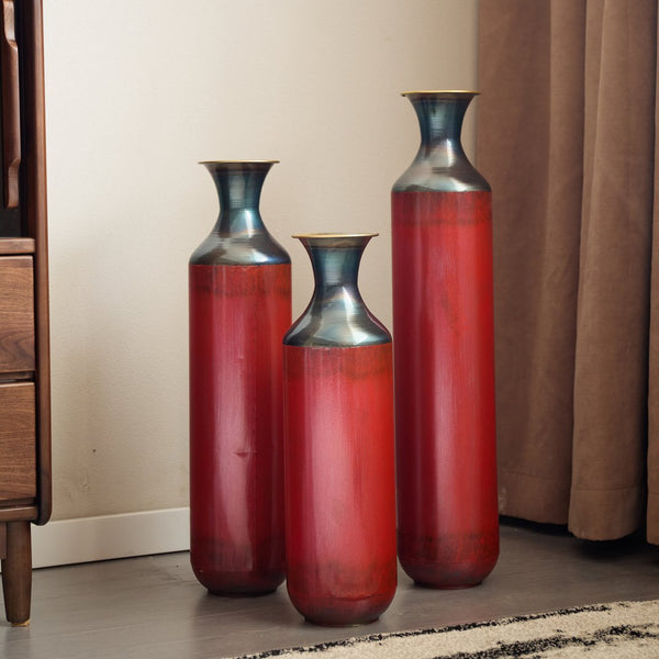 English Elm Floor Red Metal Vase Set 3-Piece Droplet Sculptures — Modern Glazed Tall Decorative Vases for Home W2796P371277