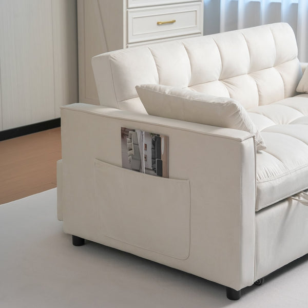 English Elm Sleeper 3-in-1 Velvet Pull-Out Sofa Bed with Adjustable Backrest, Storage Pockets, 2 Pillows, Cream W3138P281697