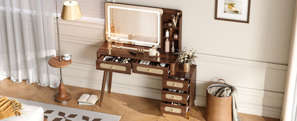 English Elm 47''Vintage Elegant Makeup Vanity with Lights and Mirror, 5-Drawer Rattan Design, Solid Wood Craftsmanship Dark Walnut 46 L x 27 W x 8 H N733P337468D