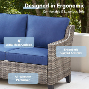English Elm 73.2" Outdoor Handwoven Rattan 3 Seat Sofa with Olefin Cushions for Porch or Patio Blue T3773P416338