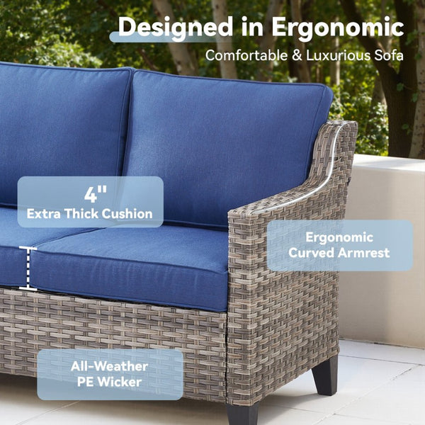 English Elm 73.2" Outdoor Handwoven Rattan 3 Seat Sofa with Olefin Cushions for Porch or Patio Blue T3773P416338